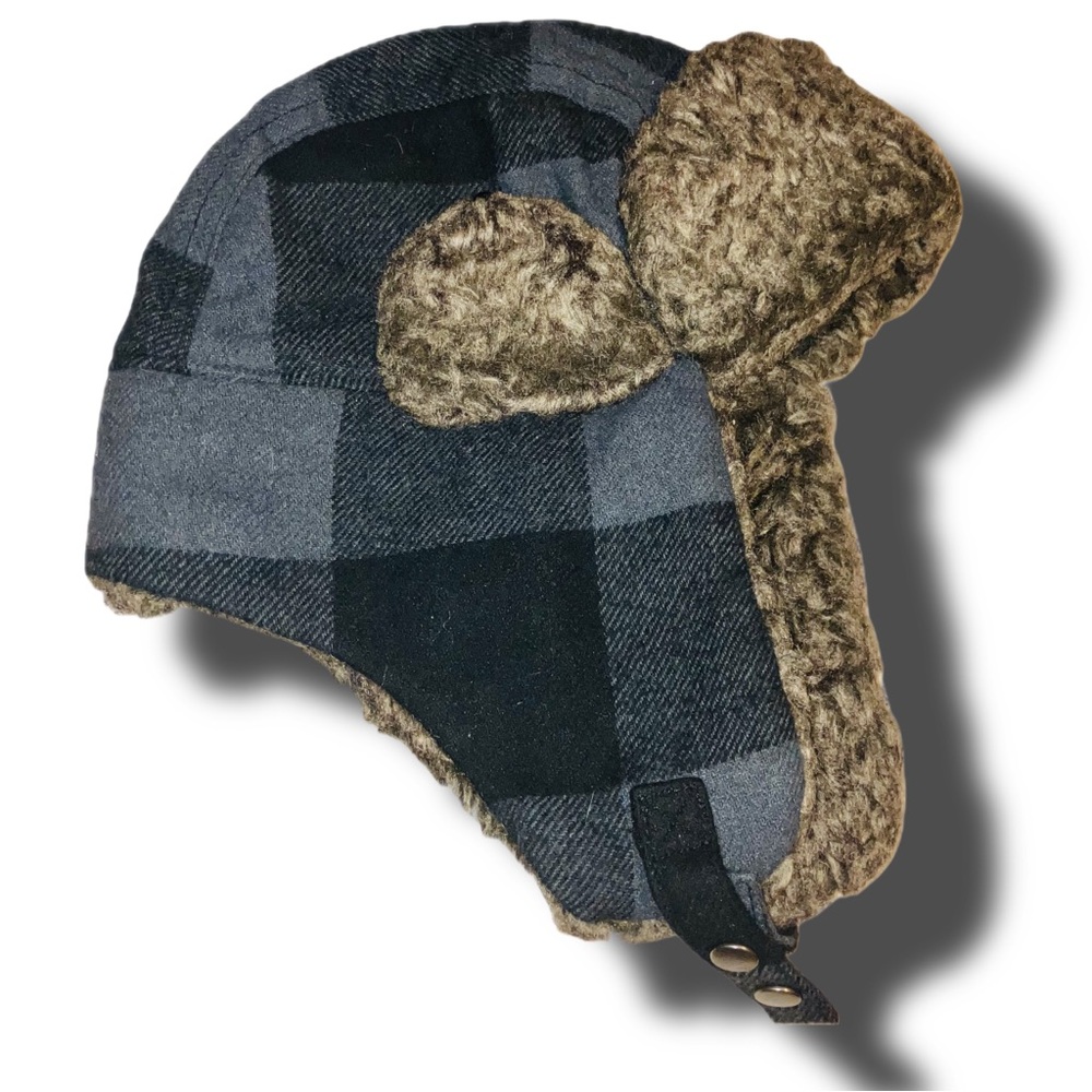 Black and grey flannel trooper hat with brown fur.